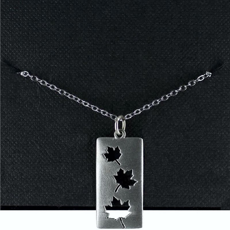 Pewter Rectangle Cut-out Maple Leaf w/chain - Click Image to Close